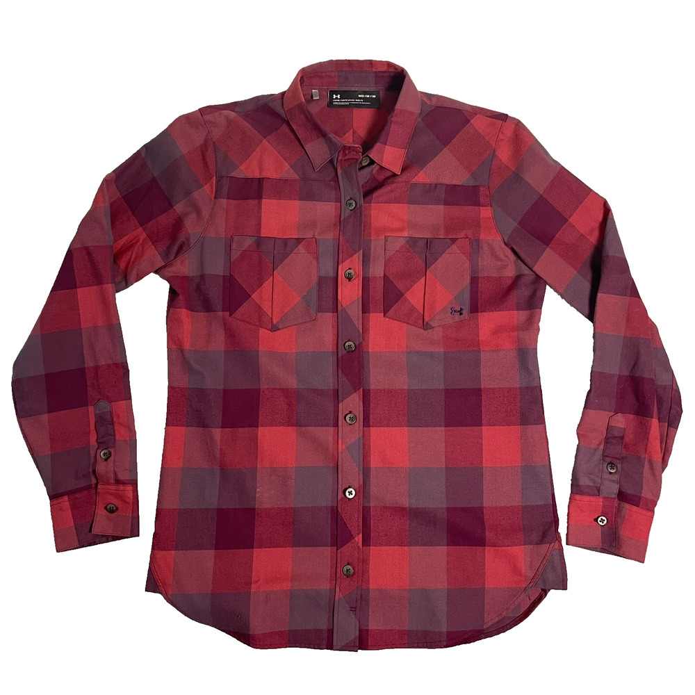 Under Armour Loose Plaid Button Down Shirt Womens M Red Flannel Outdoor Casual
